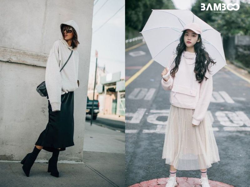 Cách phối áo hoodie với chân váy dài