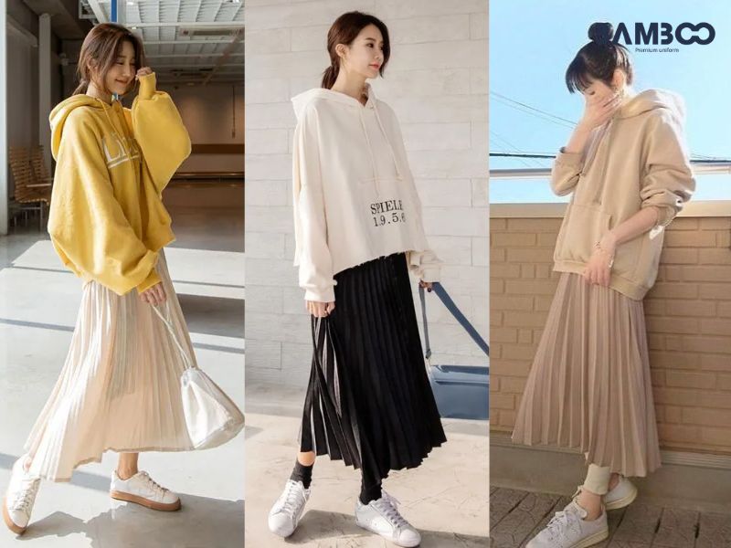 Cách phối đồ hoodie mix chân váy midi xòe