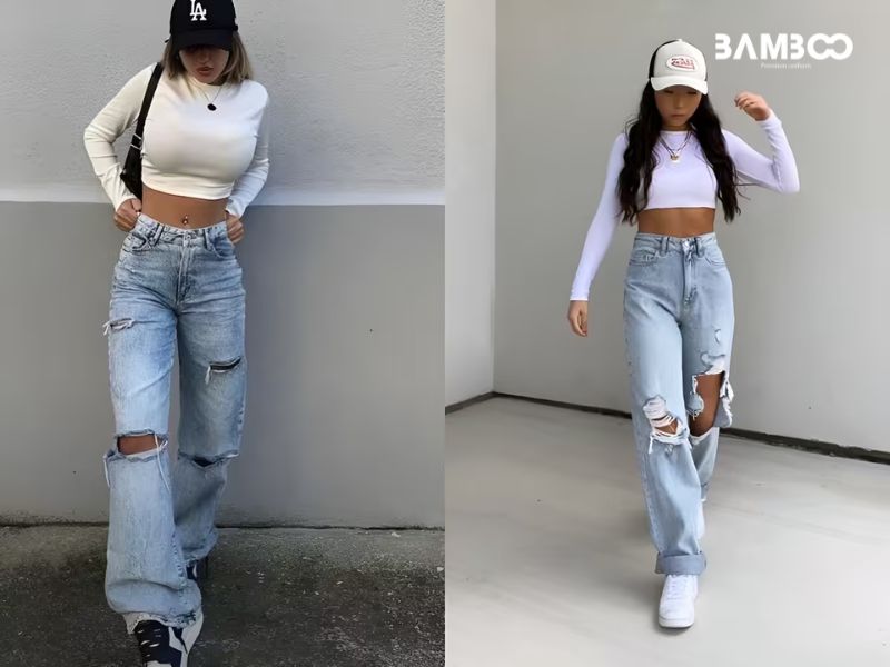 Phá cách với áo giữ nhiệt và quần jeans rách bụi bặm
