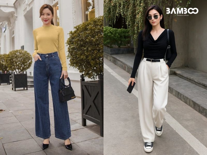 Áo giữ nhiệt trắng mix quần tây ống rộng thanh thoát