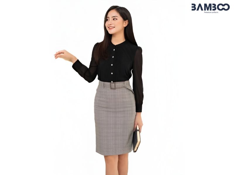 Chân váy xám caro dáng ôm, cạp cao, thanh lịch, dễ phối, tôn dáng