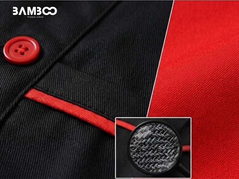 Áo bếp đen phối đỏ may từ vải cao cấp, thoáng mát, bền màu, giữ form tốt