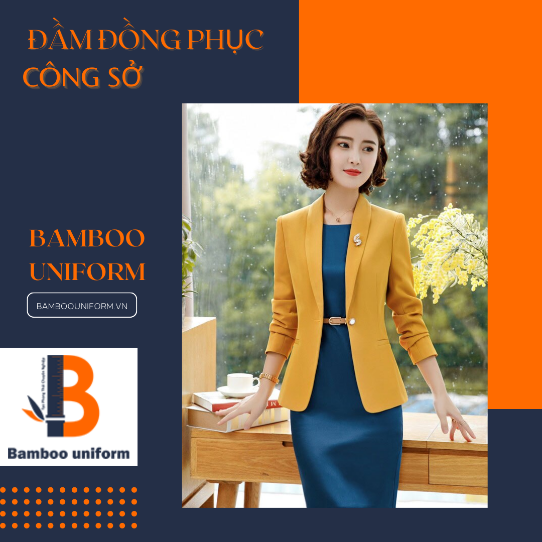 Đầm đồng phục công sở mau xanh kết hợp vest vàng