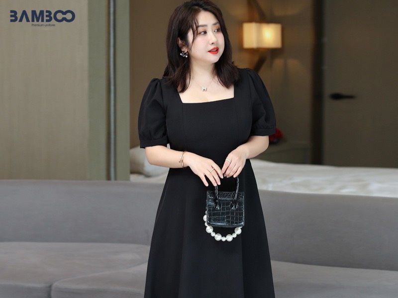 Đầm tay dài cổ vuông phong cách Hàn Quốc