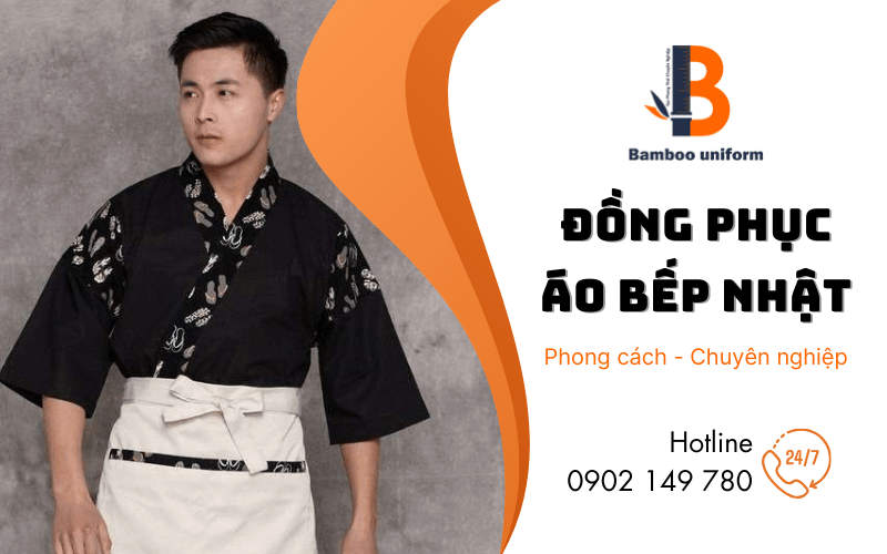 Đồng phục đầu bếp phong cách Nhật Bản, áo màu đen phối họa tiết tinh tế