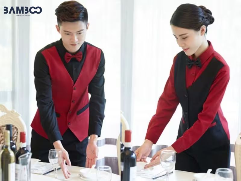 Đồng phục nhà hàng tiệc cưới áo sơ mi phối gile