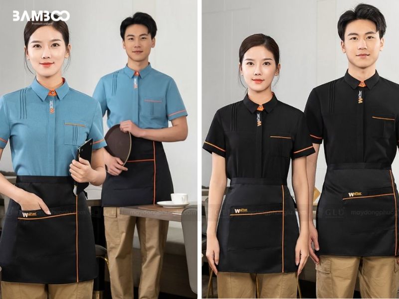 Đồng phục nhân viên nhà hàng tiệc cưới áo sơ mi kết hợp tạp dề