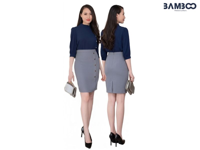 May chân váy xám đính cúc sườn nên chọn form chuẩn, vải tốt, cúc chắc chắn