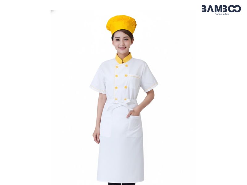 May áo bếp trắng viền vàng nên chọn vải chuẩn, may viền chính xác, cổ đứng form