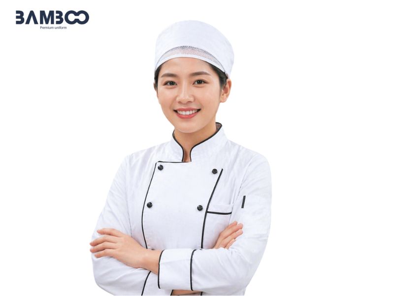 May mũ bếp trắng cần bền form, thoáng khí, giữ màu, may tinh tế và thấm hút tốt