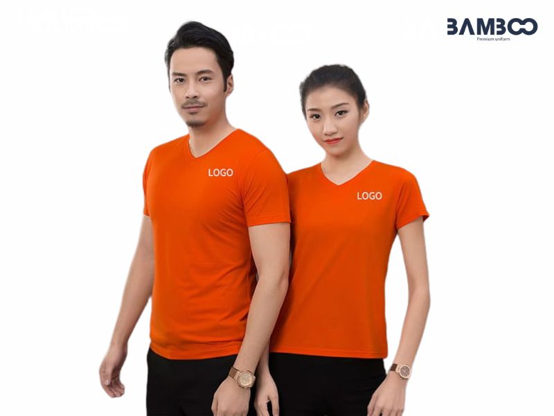 Mẫu áo thun đồng phục cổ tim màu cam