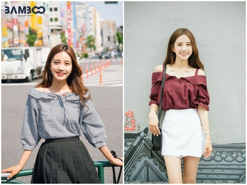 Áo sơ mi nữ kẻ caro trễ vai Hàn Quốc
