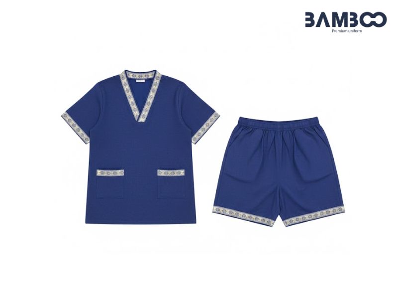 Bộ đồ spa xanh dương Bamboo Uniform thiết kế thanh lịch, thoải mái, tôn dáng