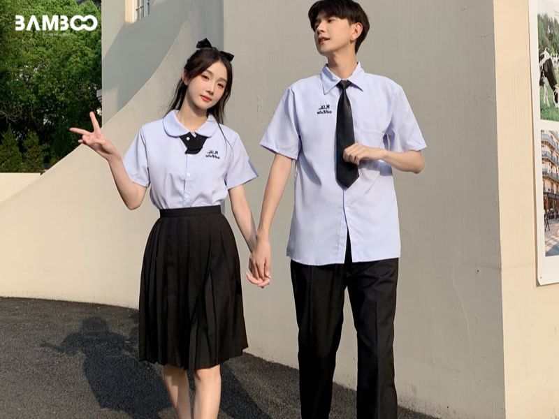 Quần áo đồng phục học sinh cấp 3 sơ mi trắng kết hợp quần âu đen