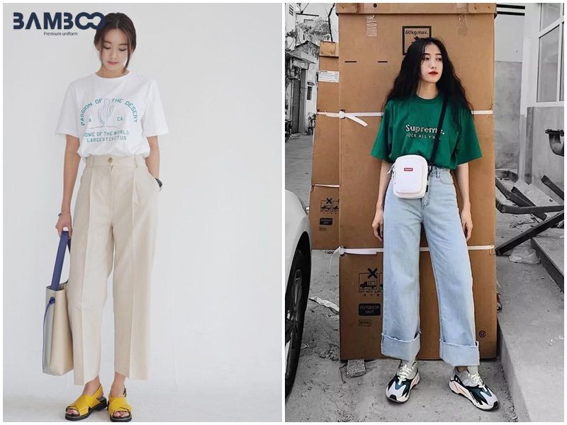 Quần jeans ống rộng mix áo phông trẻ trung, phá cách