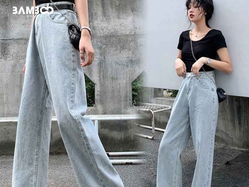 Quần jeans ống rộng cạp cao trẻ trung, năng động