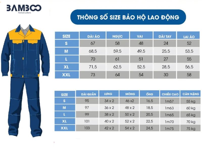 Bảng size tham khảo cho mẫu áo bảo hộ lao động