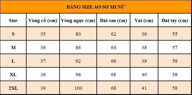 Bảng size áo đồng phục sơ mi dành cho nữ
