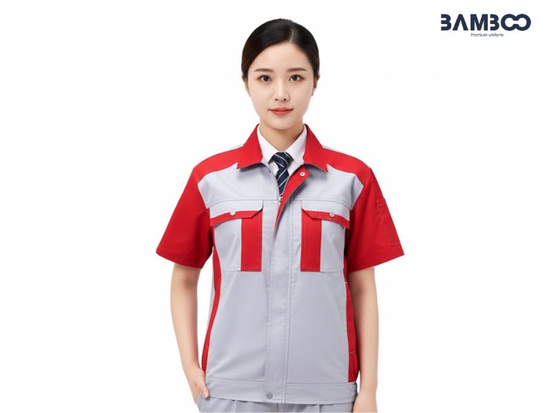 Chất vải may bộ quần áo bảo hộ nhân viên kỹ thuật xám đỏ