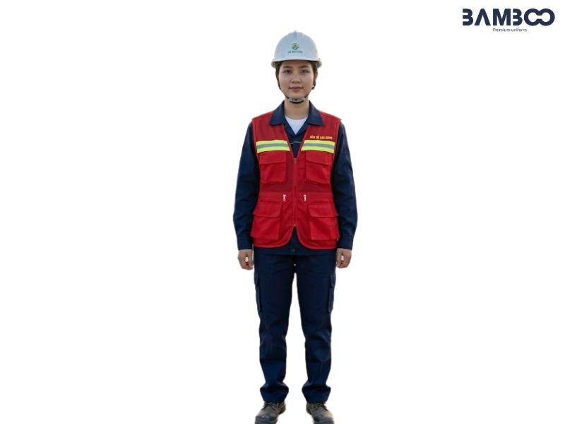 Sắc đỏ rực rỡ trên mẫu áo gile bảo hộ mang giá trị nhận diện vượt trội và đảm bảo tiêu chuẩn an toàn khắt khe cho người lao động