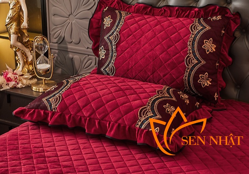 Chăn ga gối nỉ nhung trần bông 1,8 x 2,0 m, màu đỏ đô