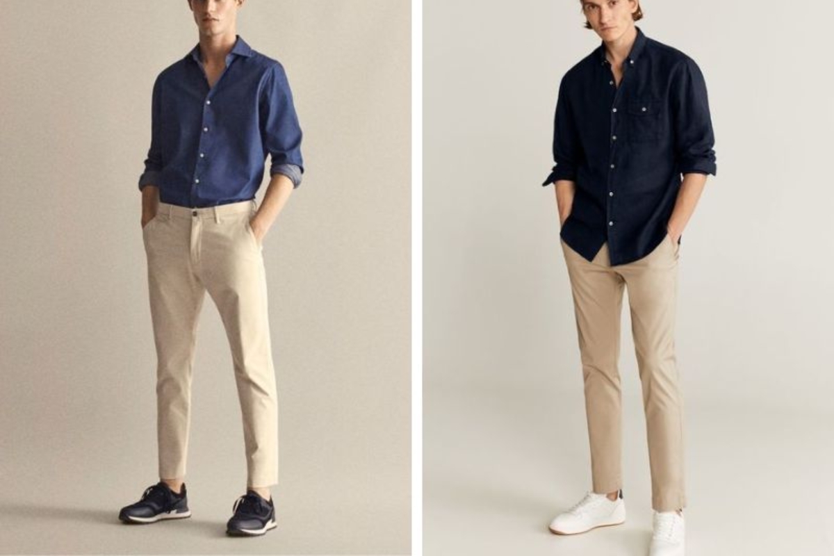 Quần be phối với áo xanh navy