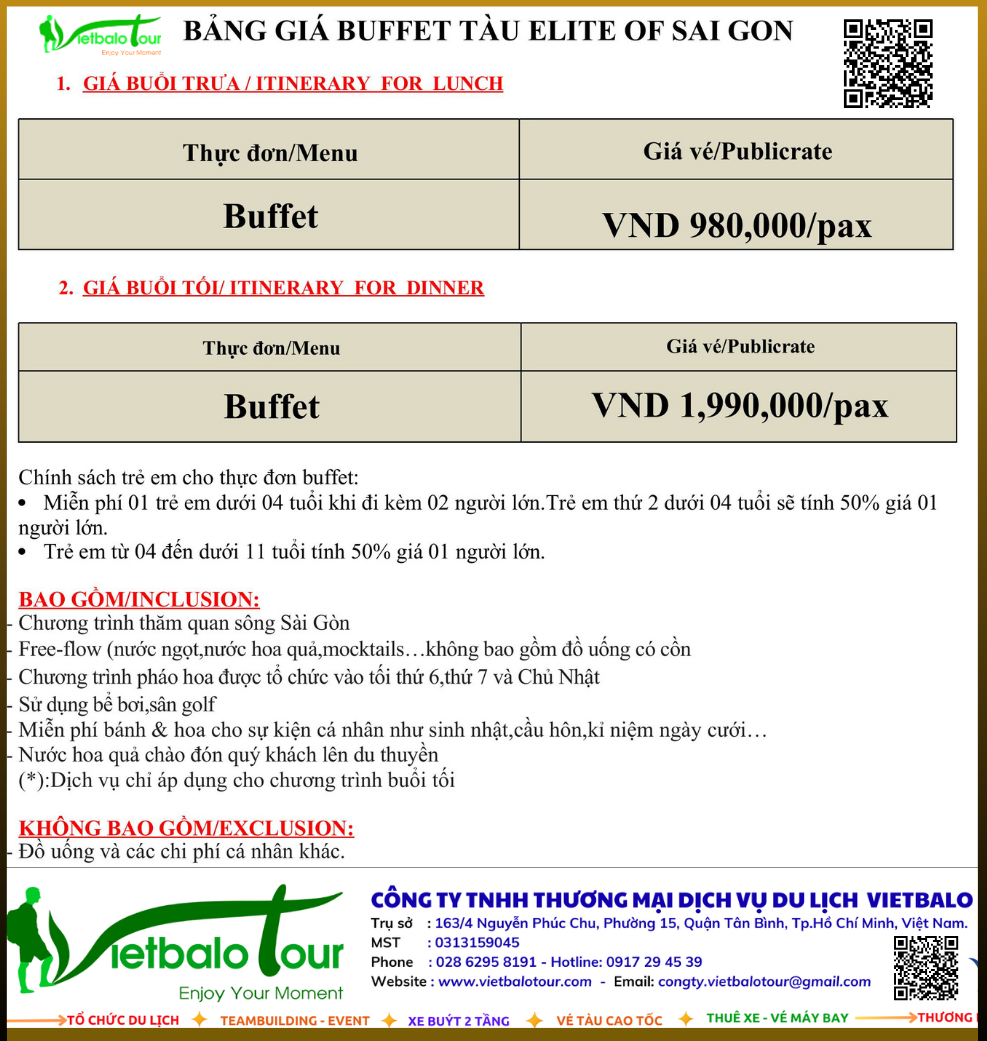 Bảng giá Ăn tối du thuyền tàu Elite of Saigon