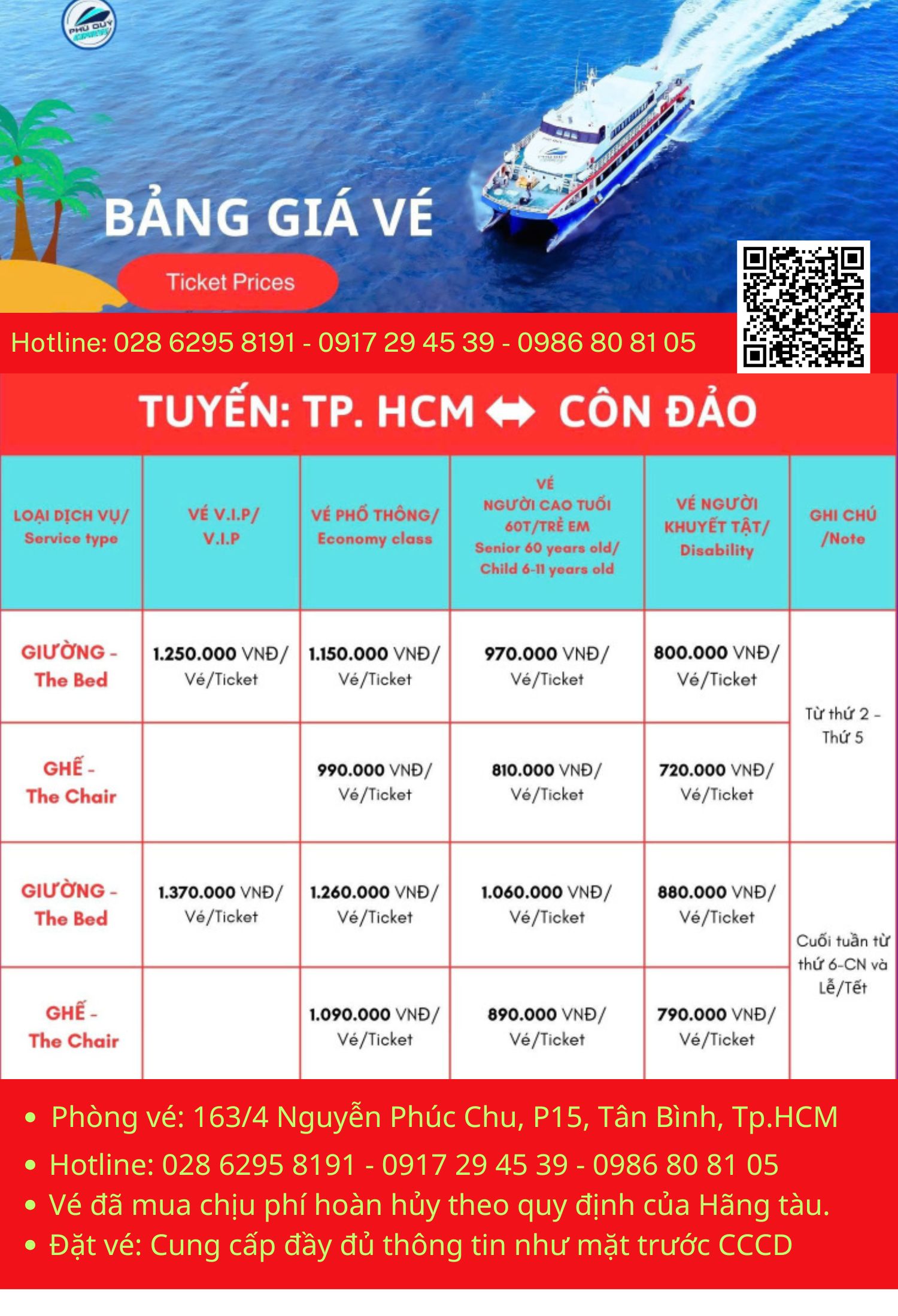 Ferry ho Chi Minh to Con Dao island, price and times schedule