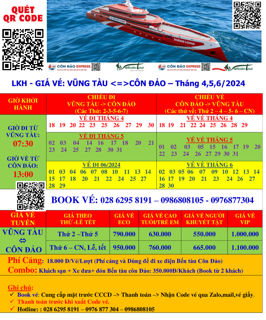 Bảng giá vé và lịch khởi hành tàu Thăng Long