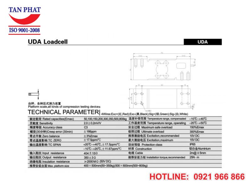 Thông số kỹ thuật cảm biến lực UDA 600kg Keli