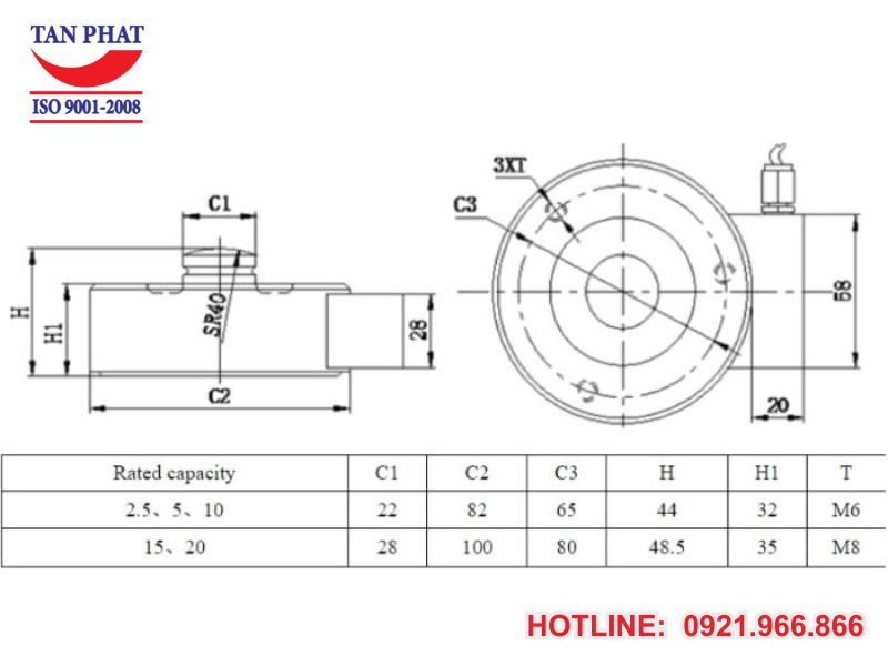 Bản vẽ kỹ thuật của Loadcell YBSC-A 2T Keli