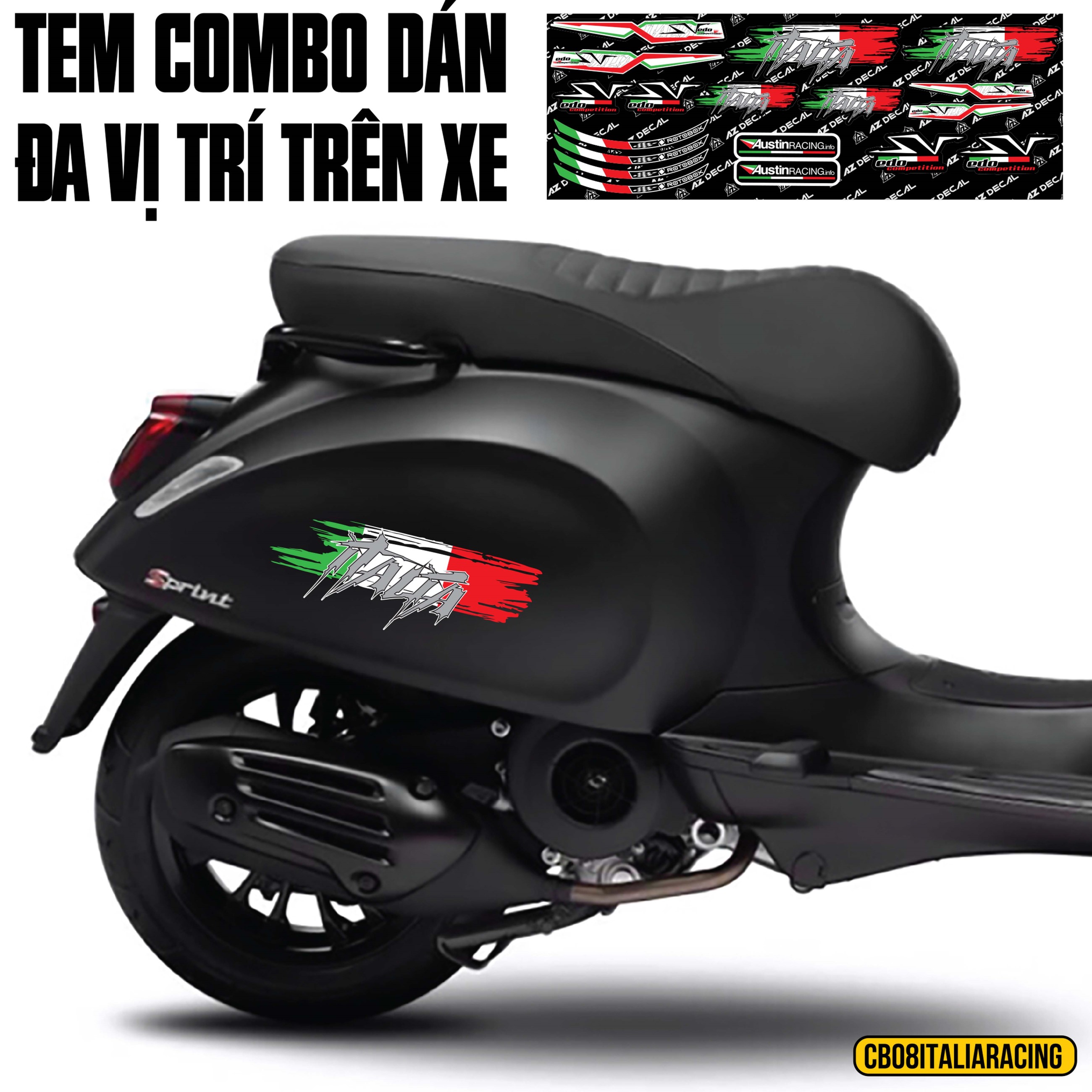 Tem dán sườn xe Vespa đen phong cách Italy