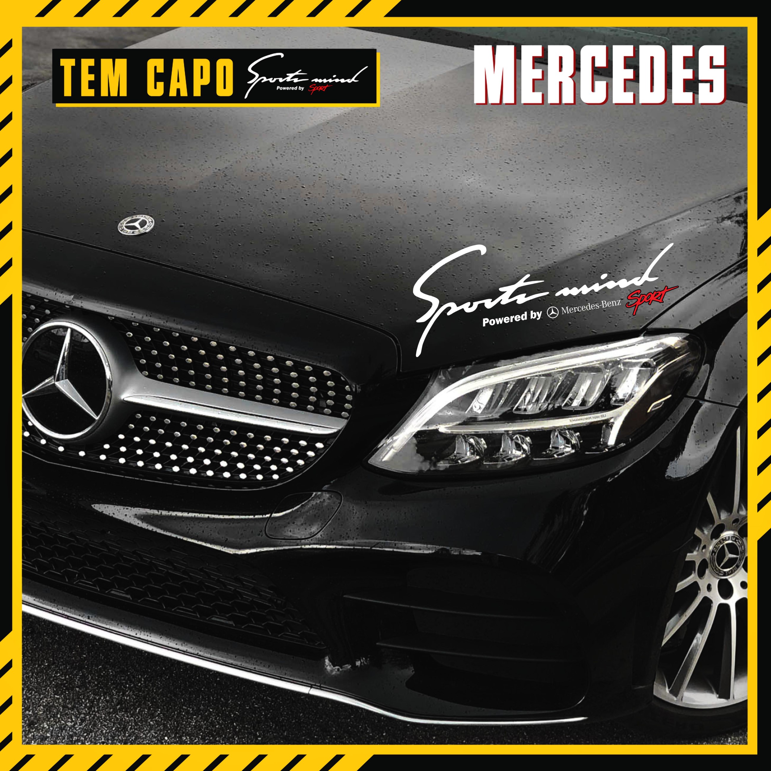 Hình thực tế mẫu tem dán nắp capo Sport Mind trên Mercedes đen