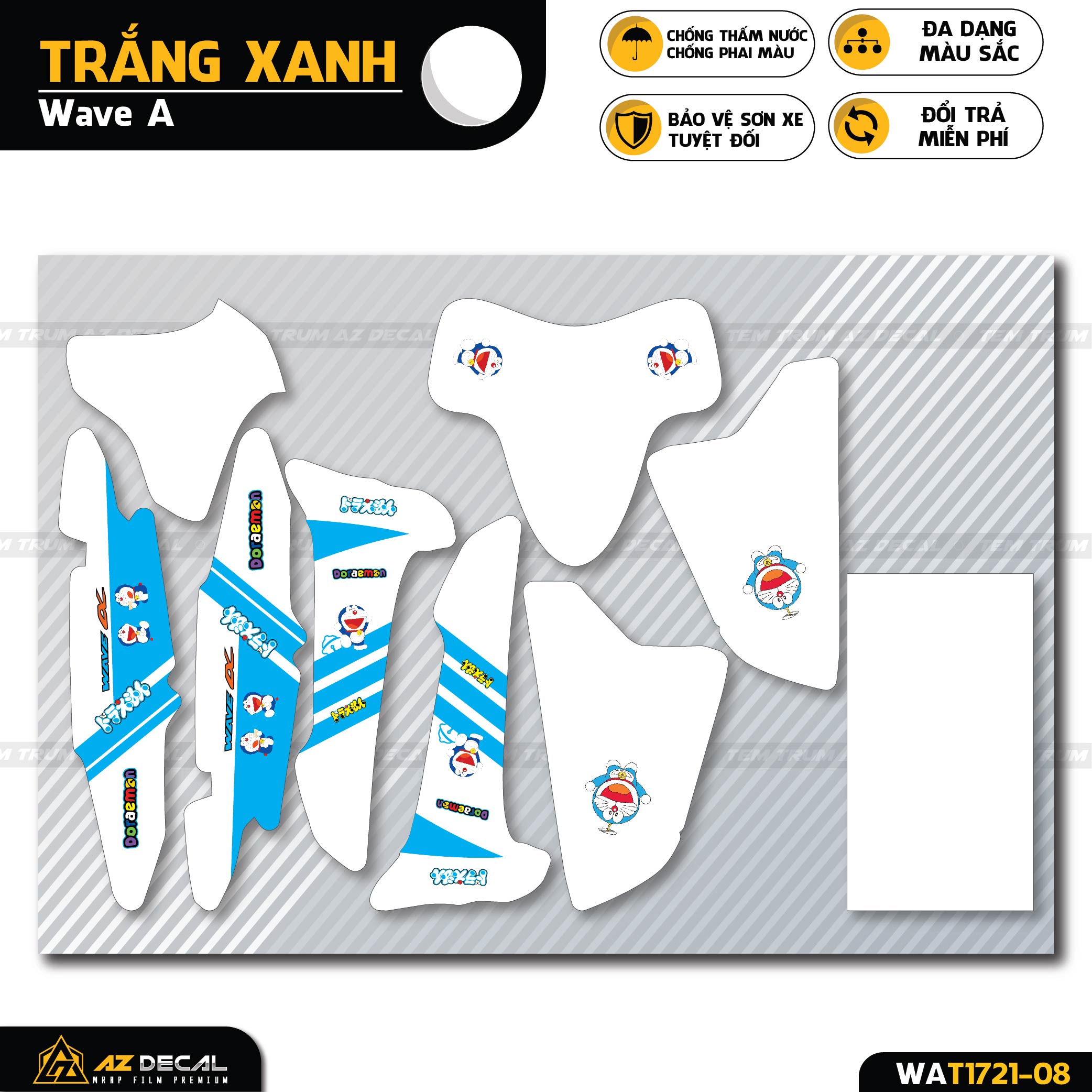 Decal dán xe Wave Alpha màu trắng xanh