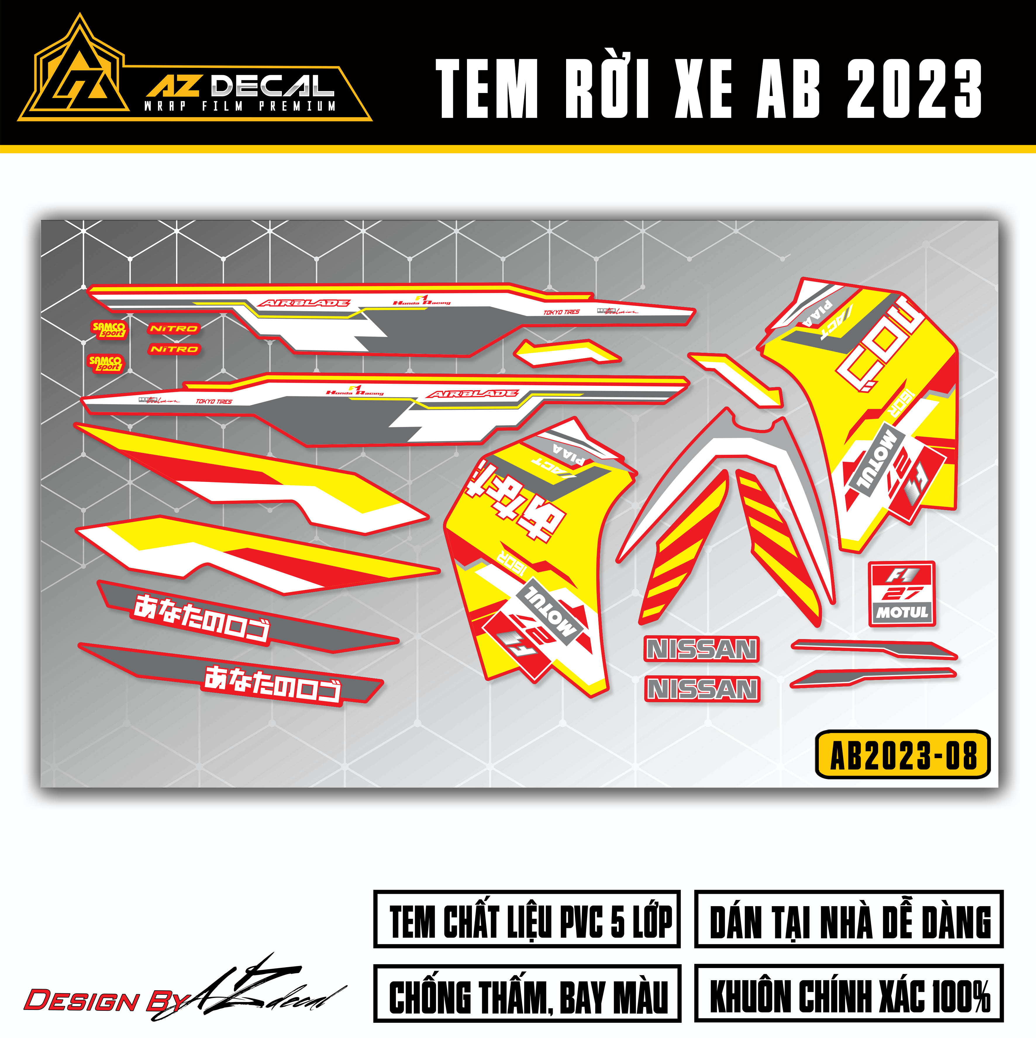 Decal dán xe AB 2023 160 125 màu vàng (nền đỏ)