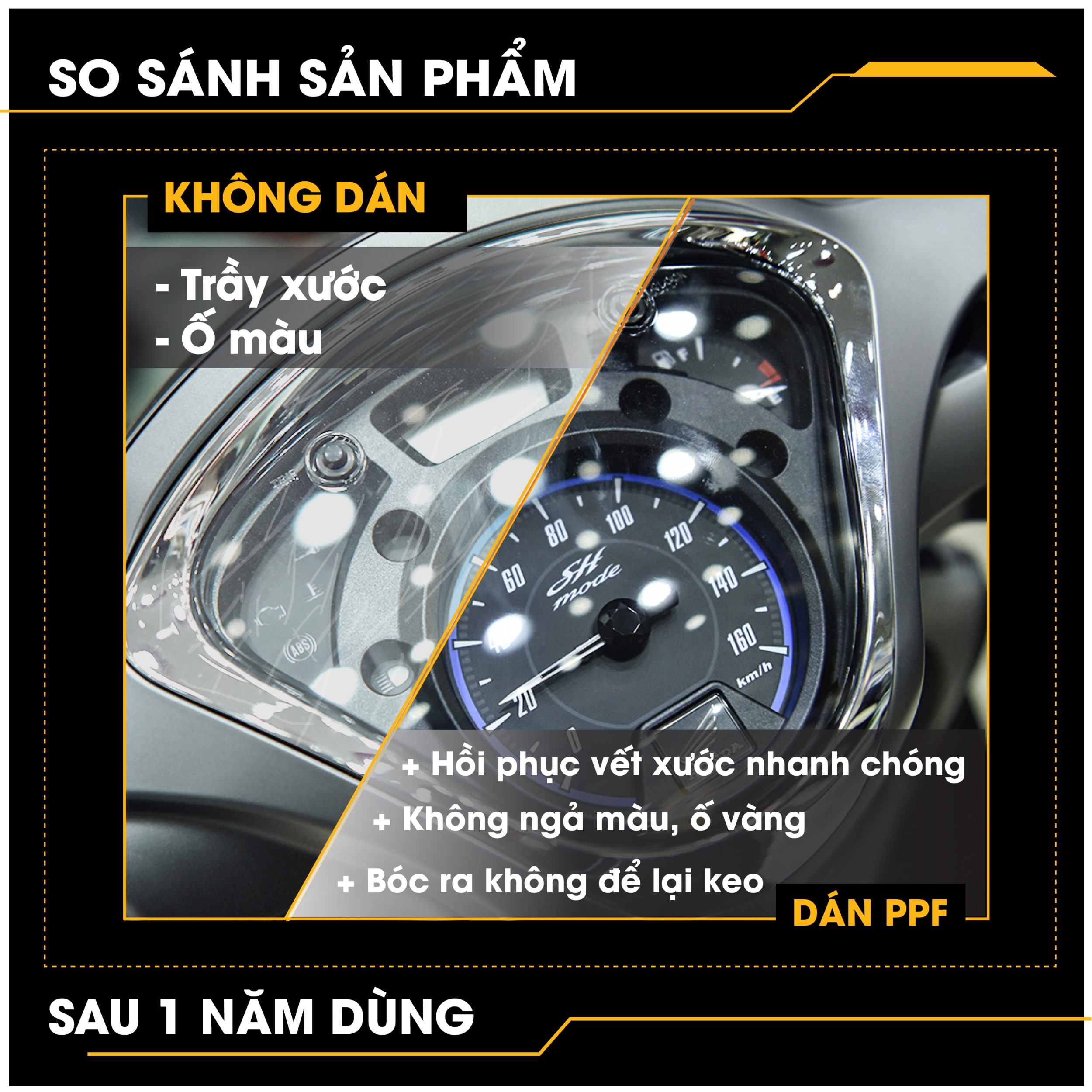 Miếng dán PPF đồng hồ xe máy sau 1 năm sử dụng