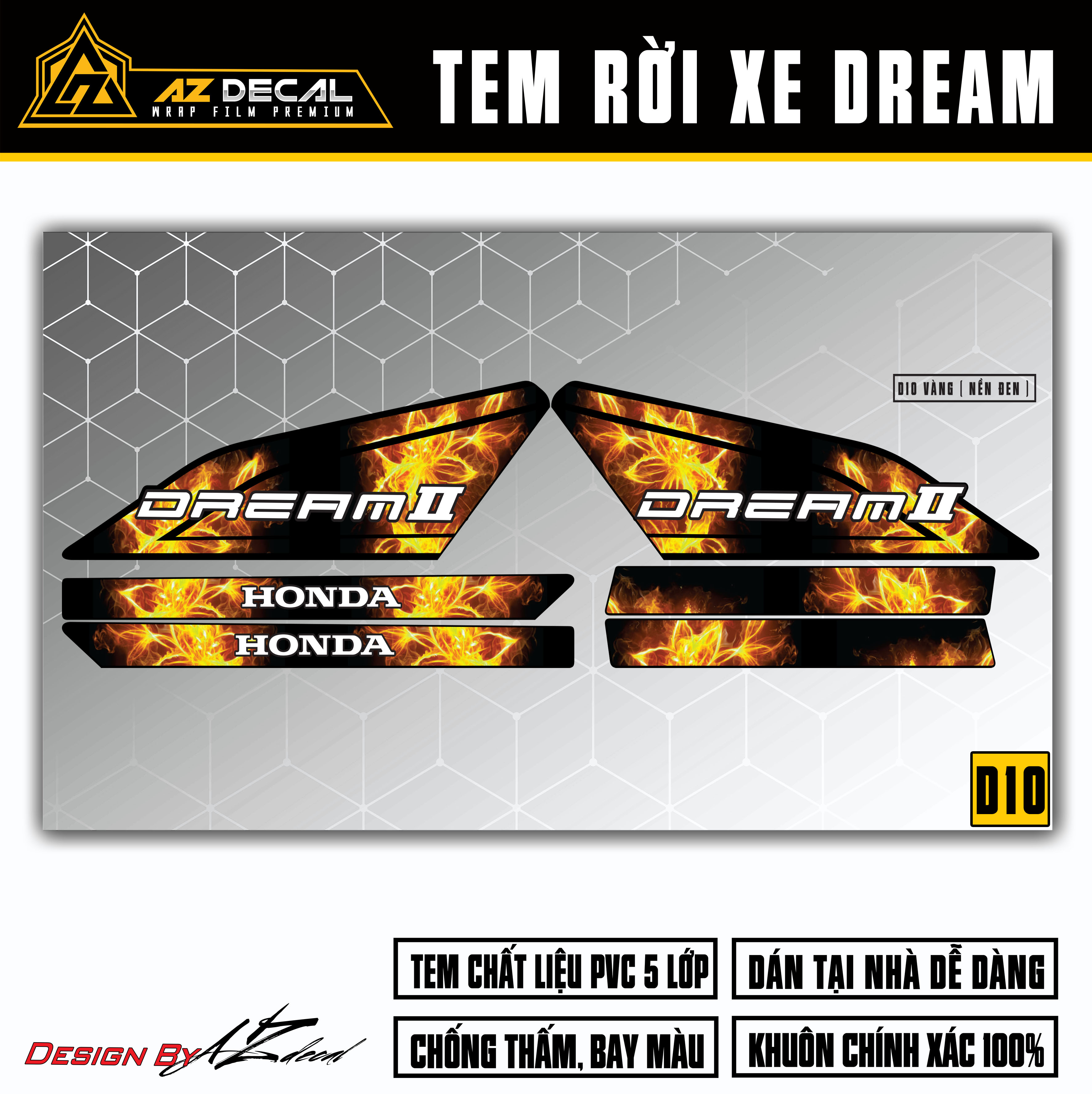 Tem rời xe Super Dream mẫu hoa lửa màu vàng đen