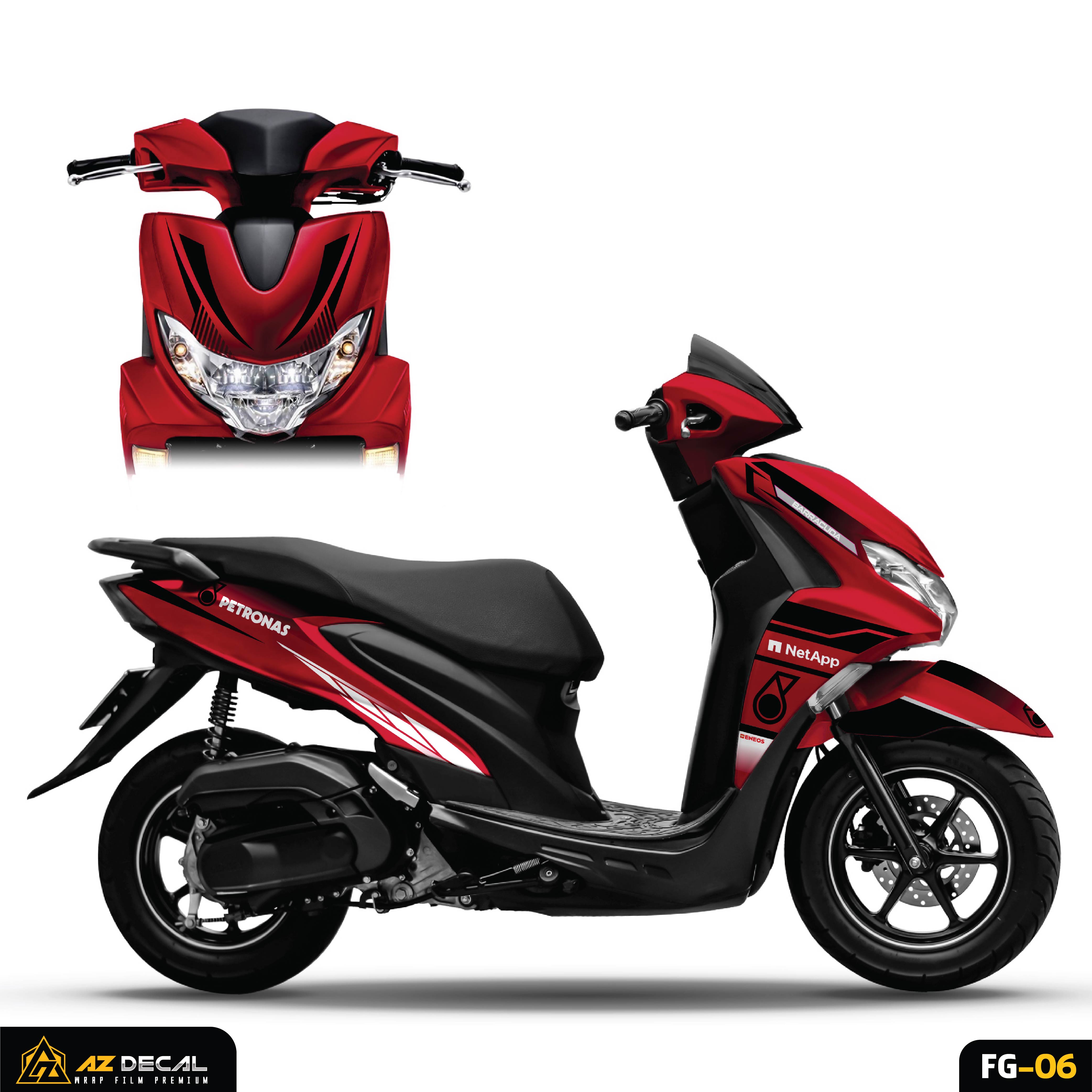 Tem rời xe Yamaha FreeGo màu đen trắng nền đỏ phong cách Petronas