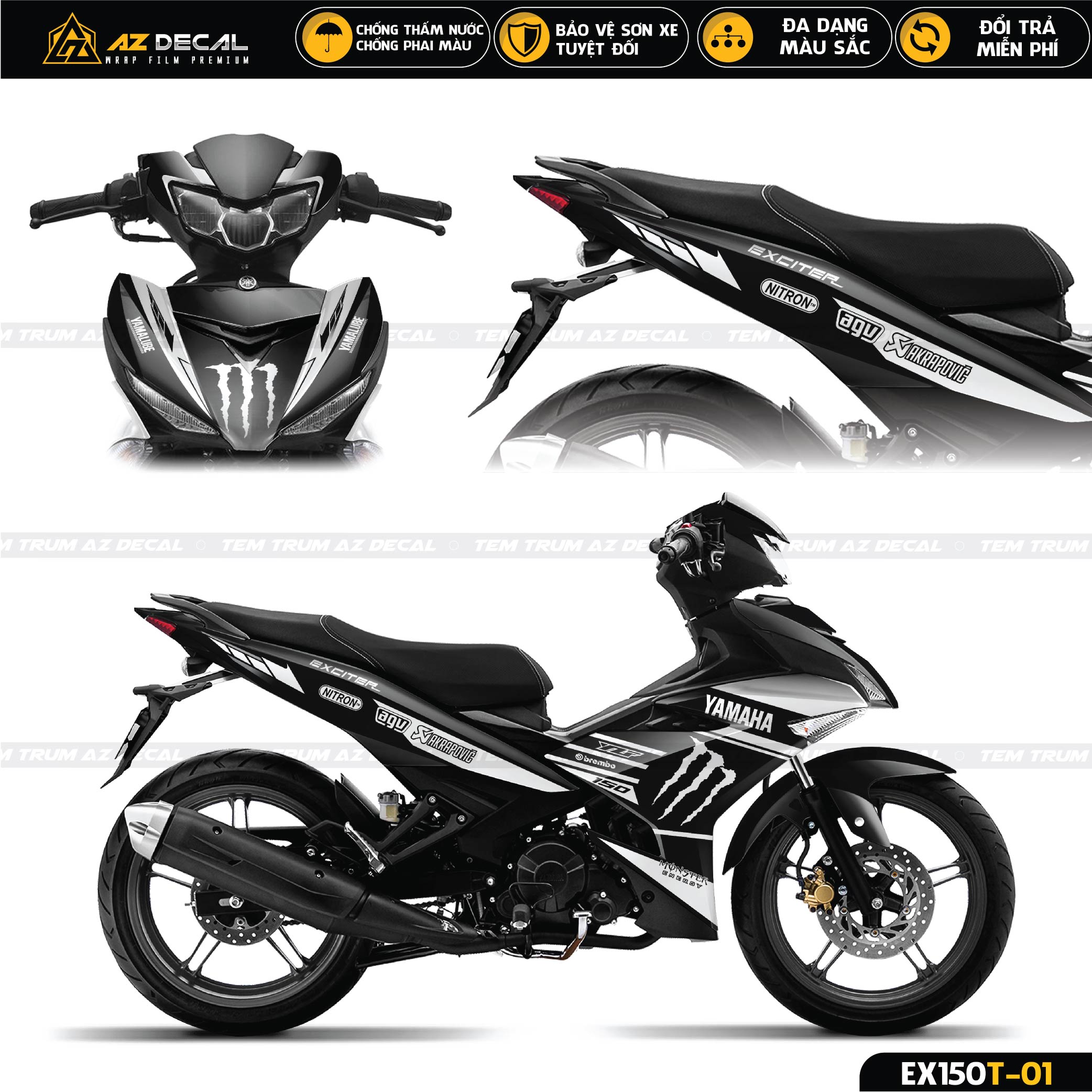 Decal dán trùm xe Yamaha Exciter 150 màu đen trắng