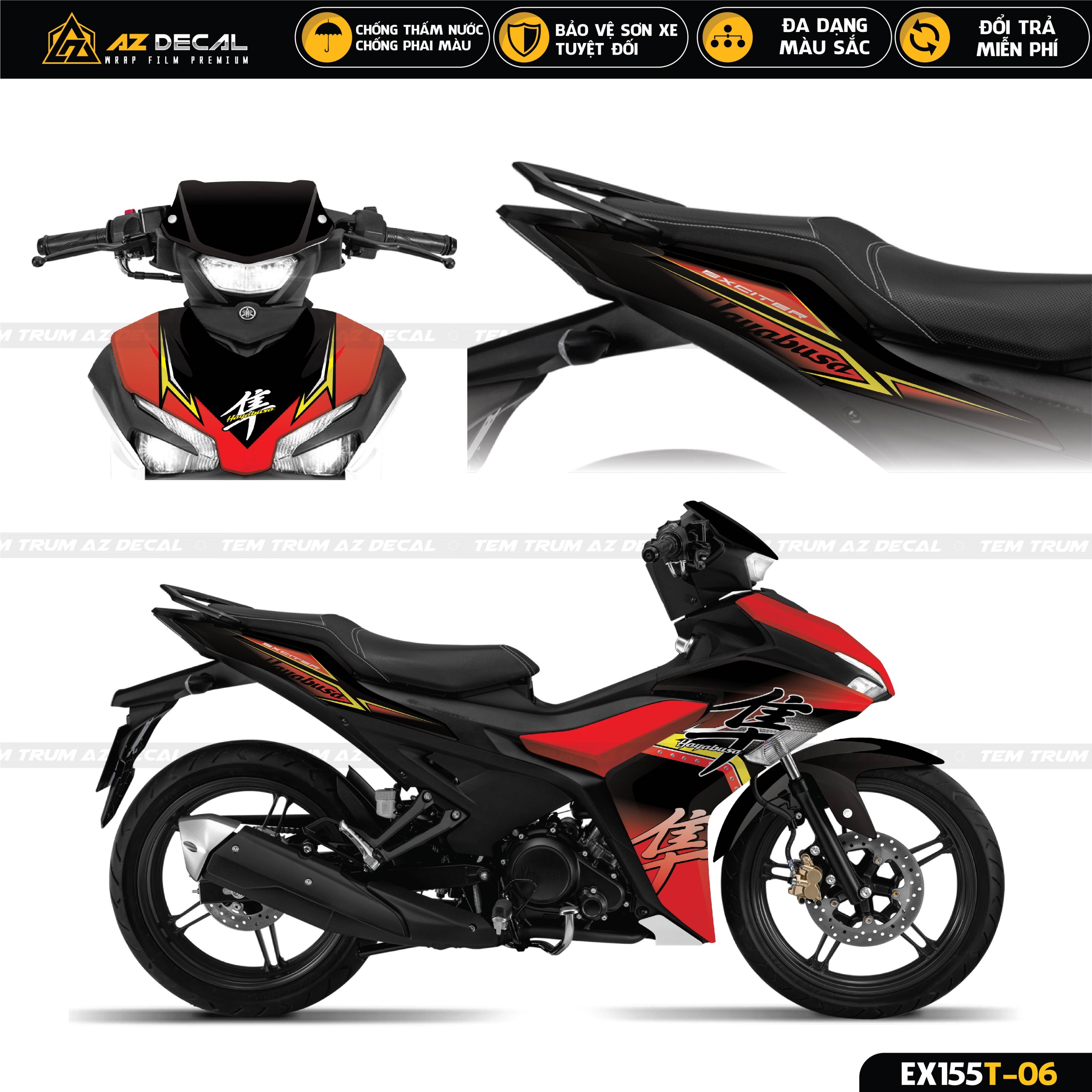 Decal dán xe Exciter 155 phong cách Hayabusa đỏ đen