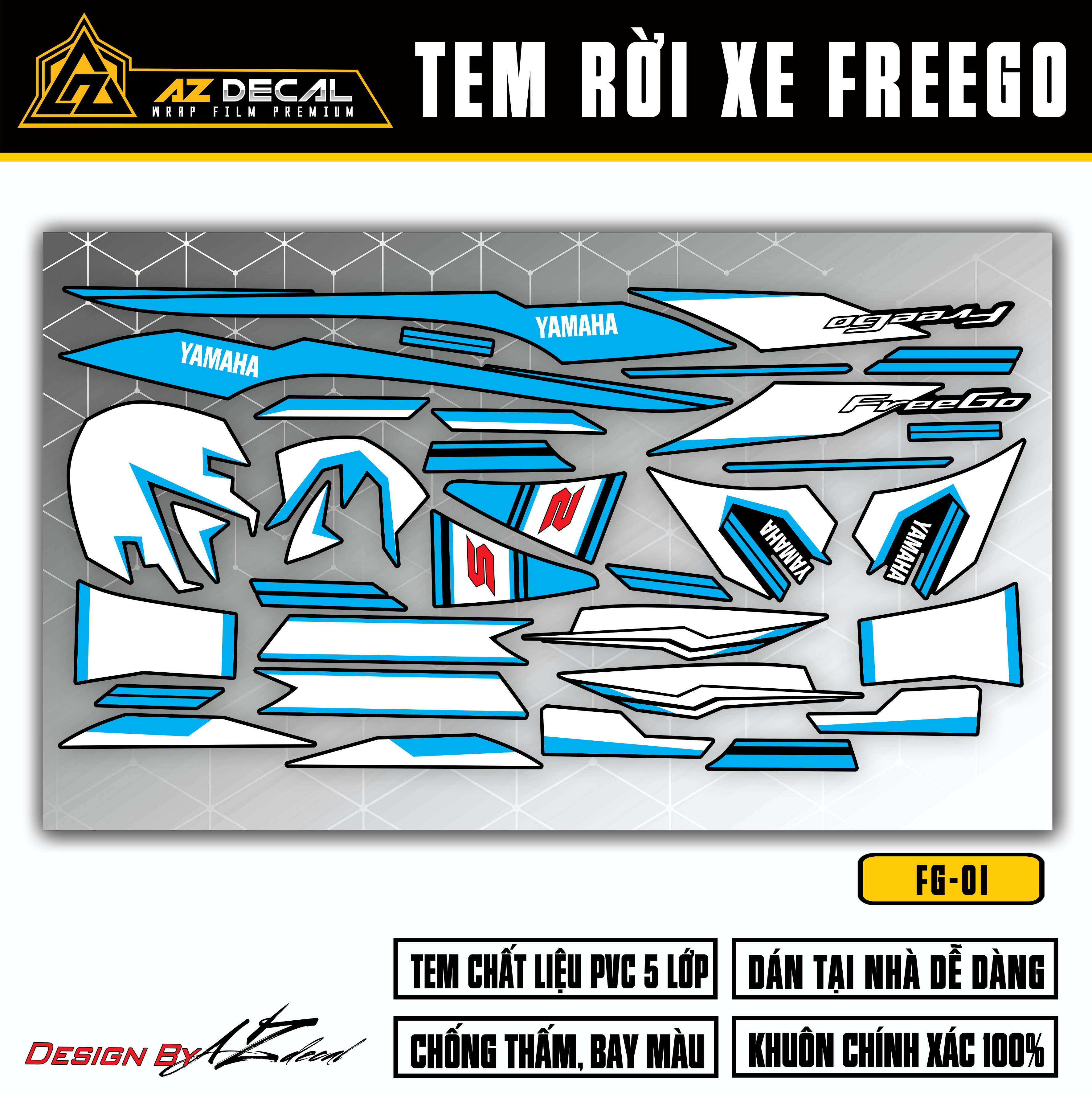 Chi tiết mẫu tem dán xe FreeGo màu xanh trắng nền đen