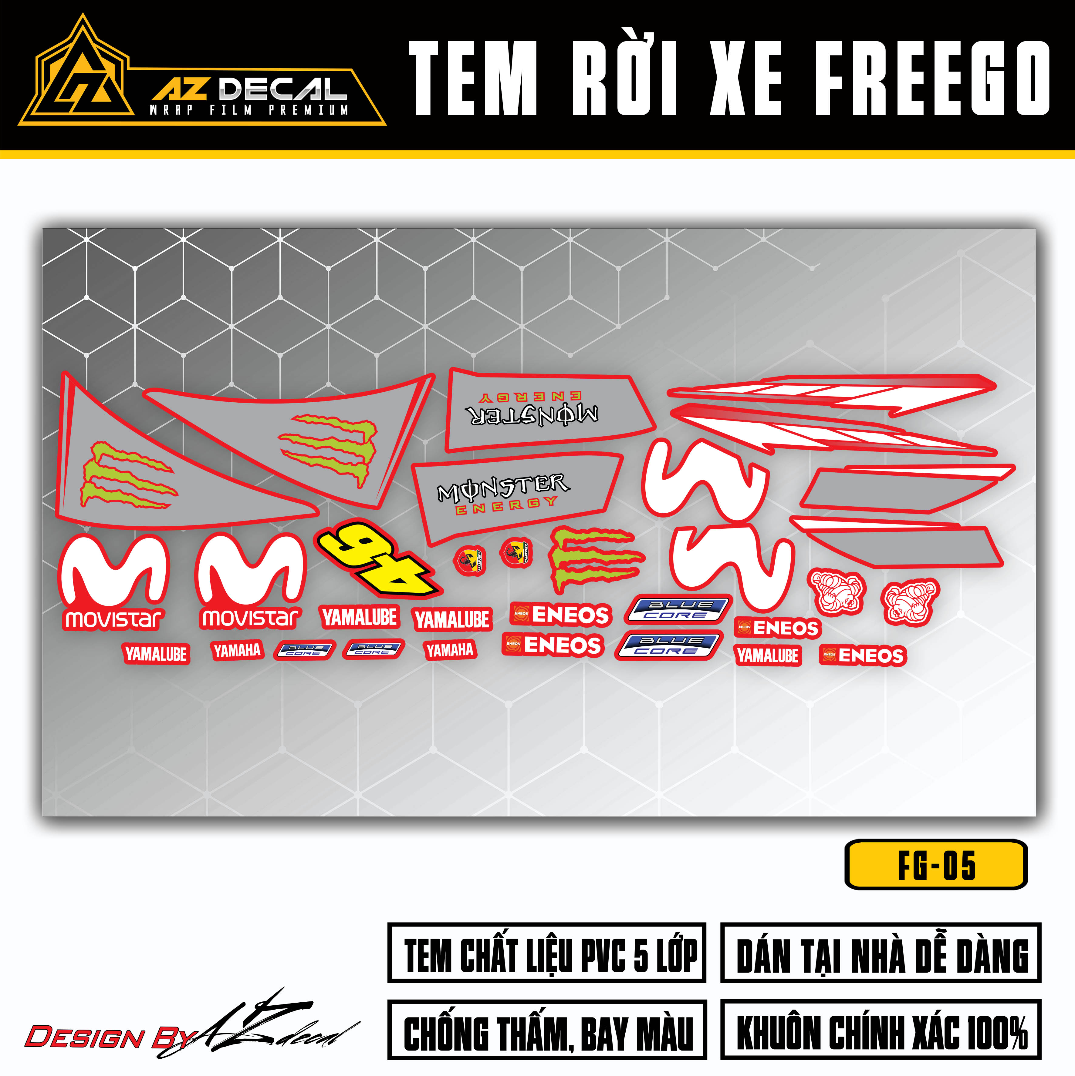 Tem xe Yamaha FreeGo đỏ trắng xám Movistar cao cấp