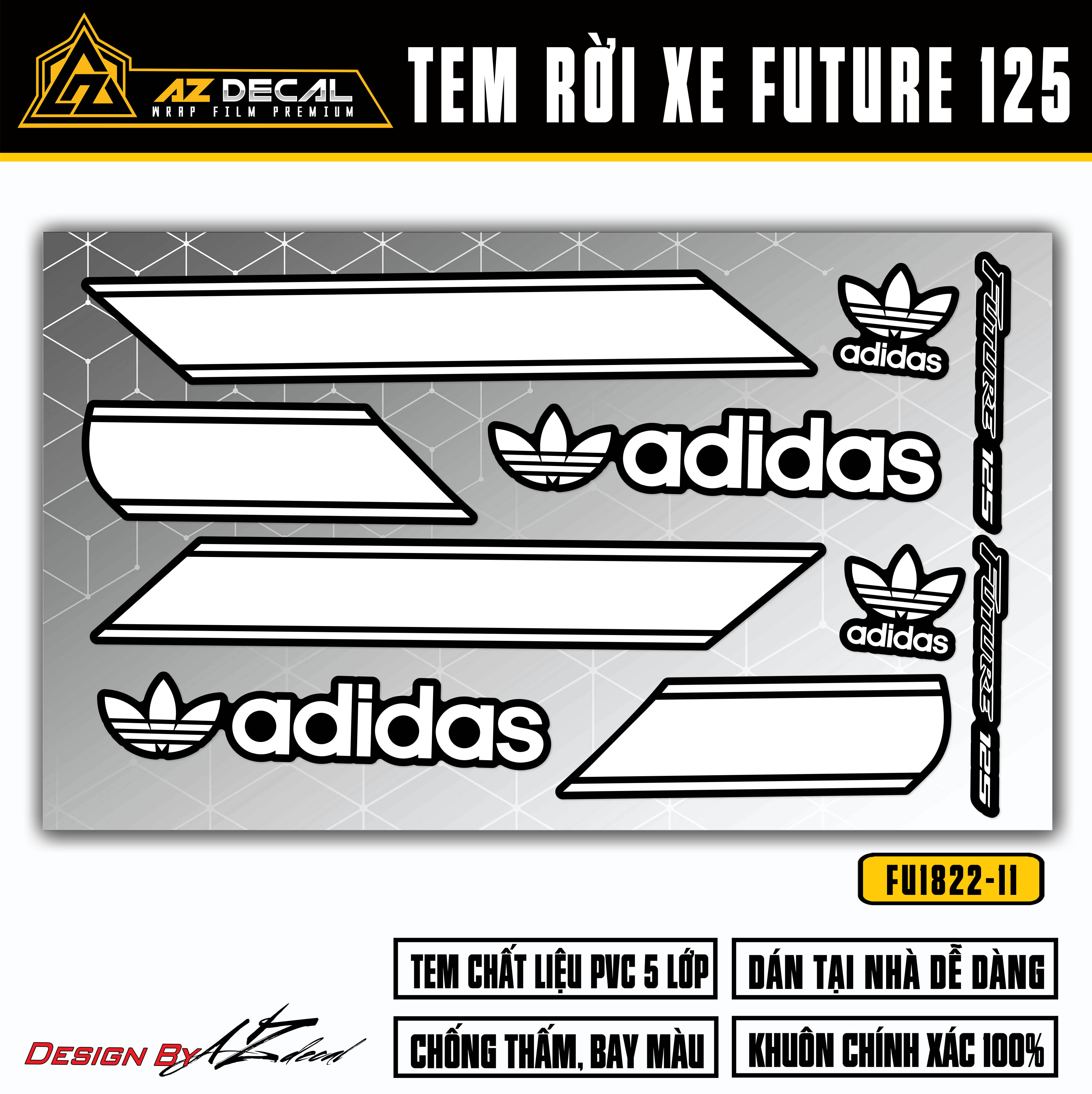 Tem rời dán xe Future 125 Fi mẫu Adidas trắng nền đen