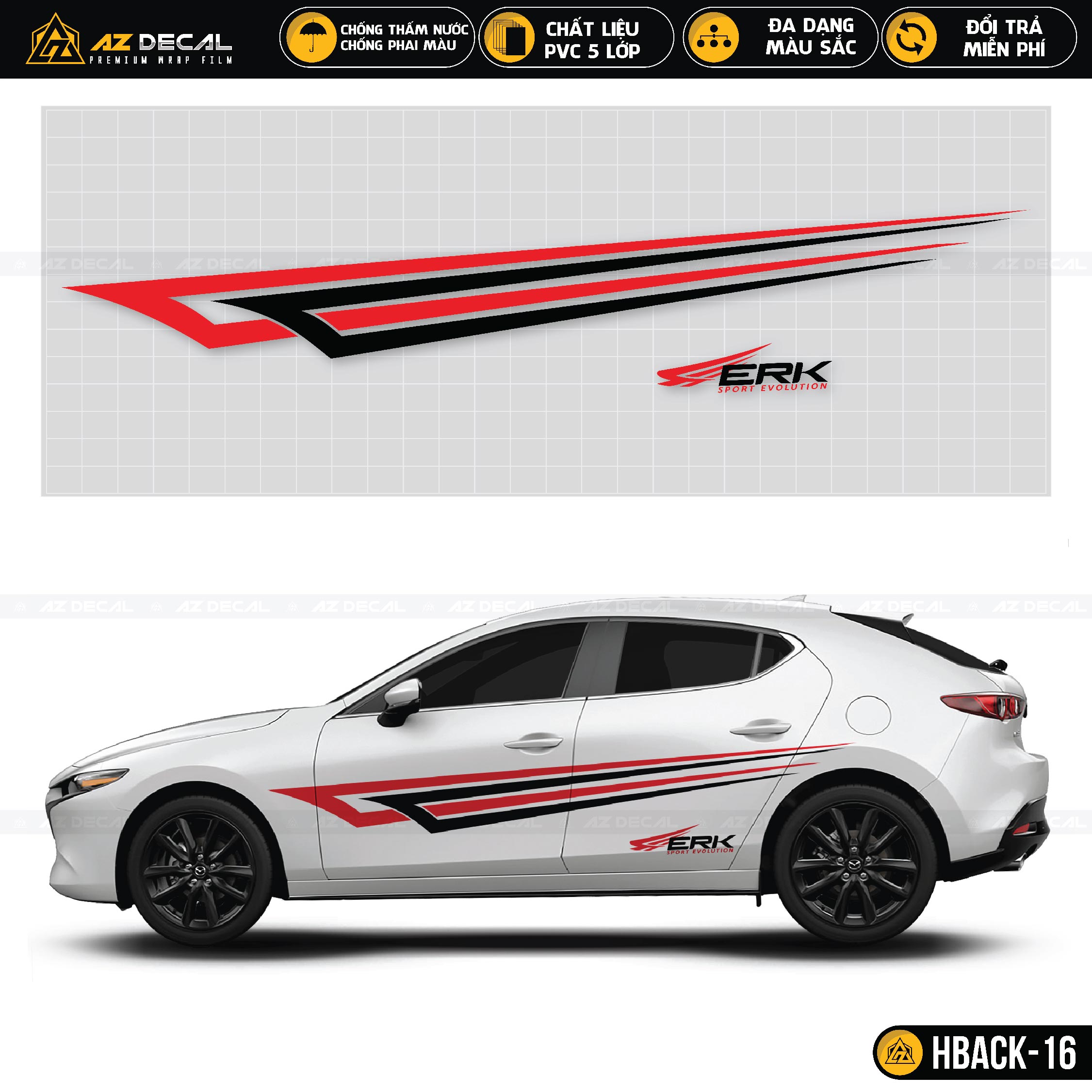 Tem dán xe ô tô Hatchback trắng in hình logo ERK Sport Evolution