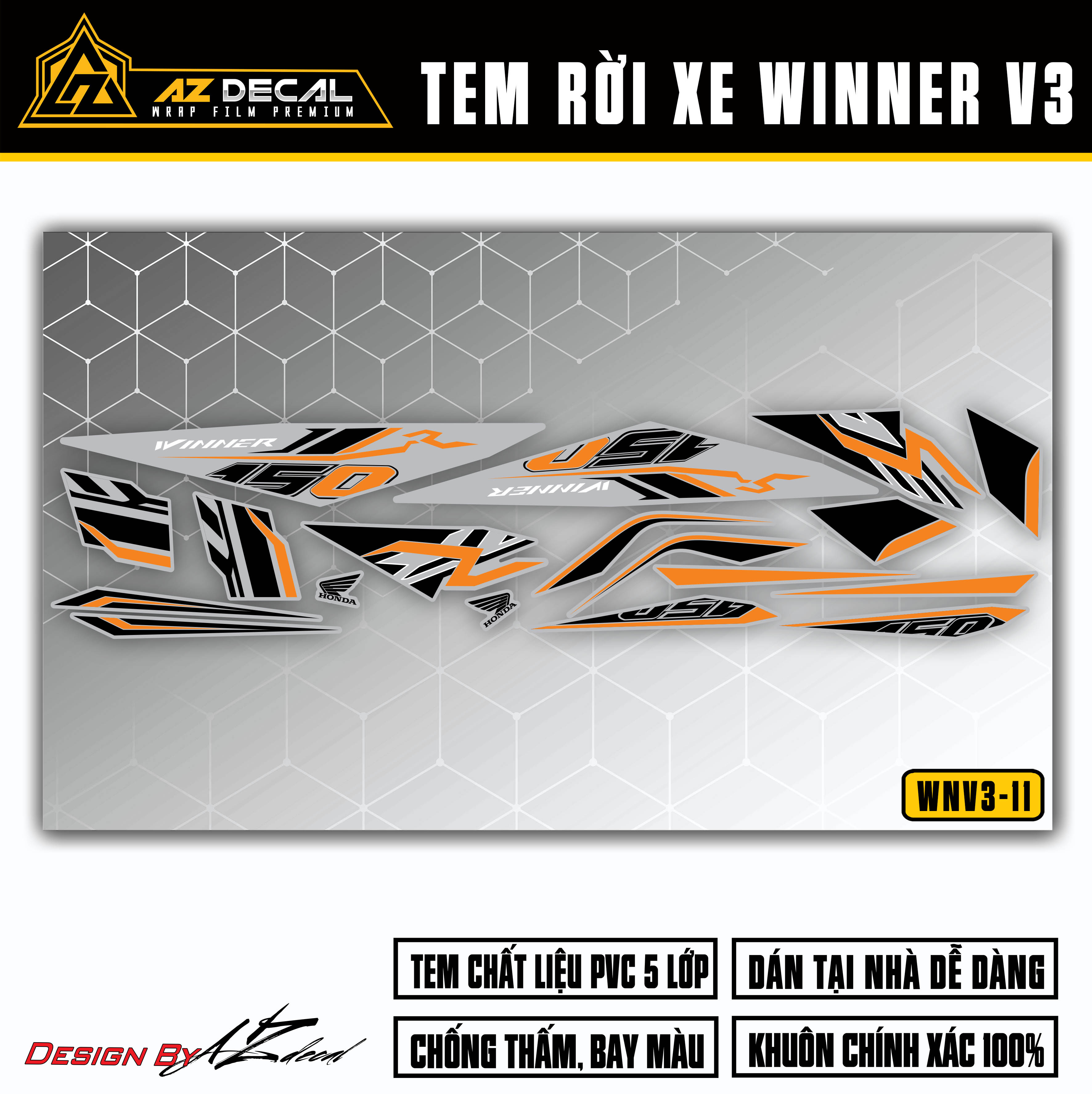 Tem dán xe Winner V3 - Winner X 2022 màu cam đen (nền xám)