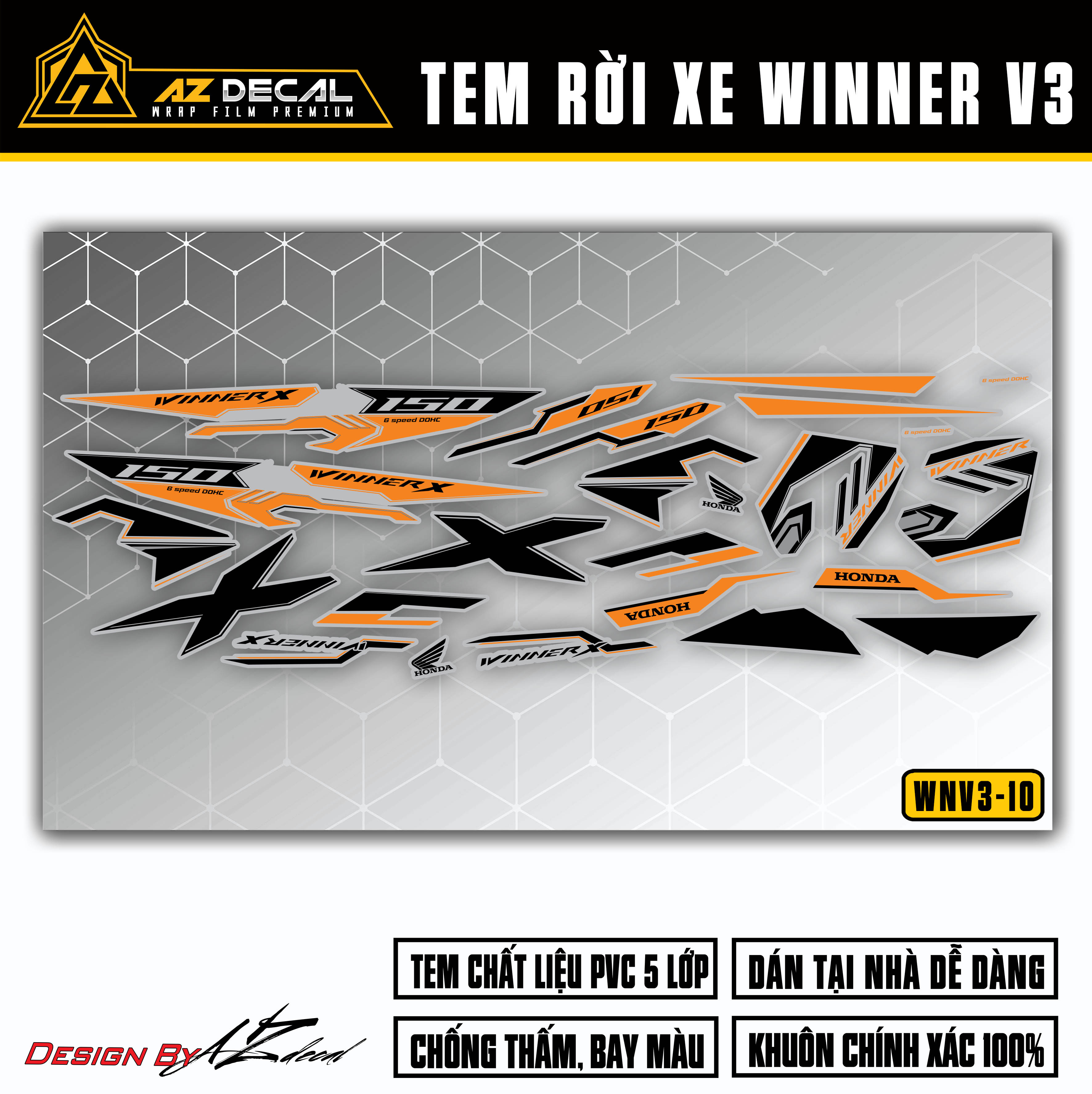 Tem xe Winner v3 màu cam đen (nền xám)