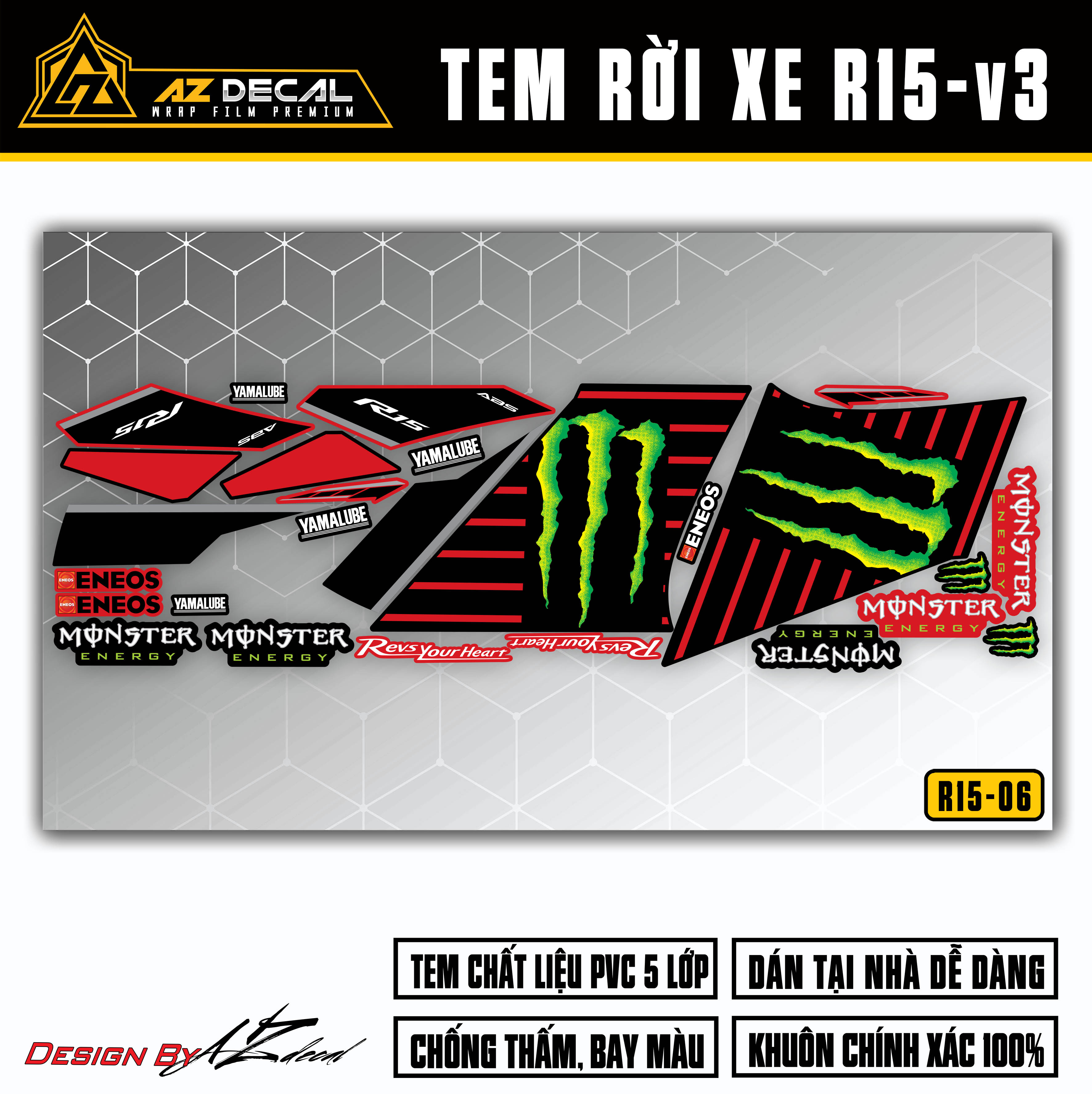 Chi tiết mẫu tem Monster dán xe r15v3 đỏ