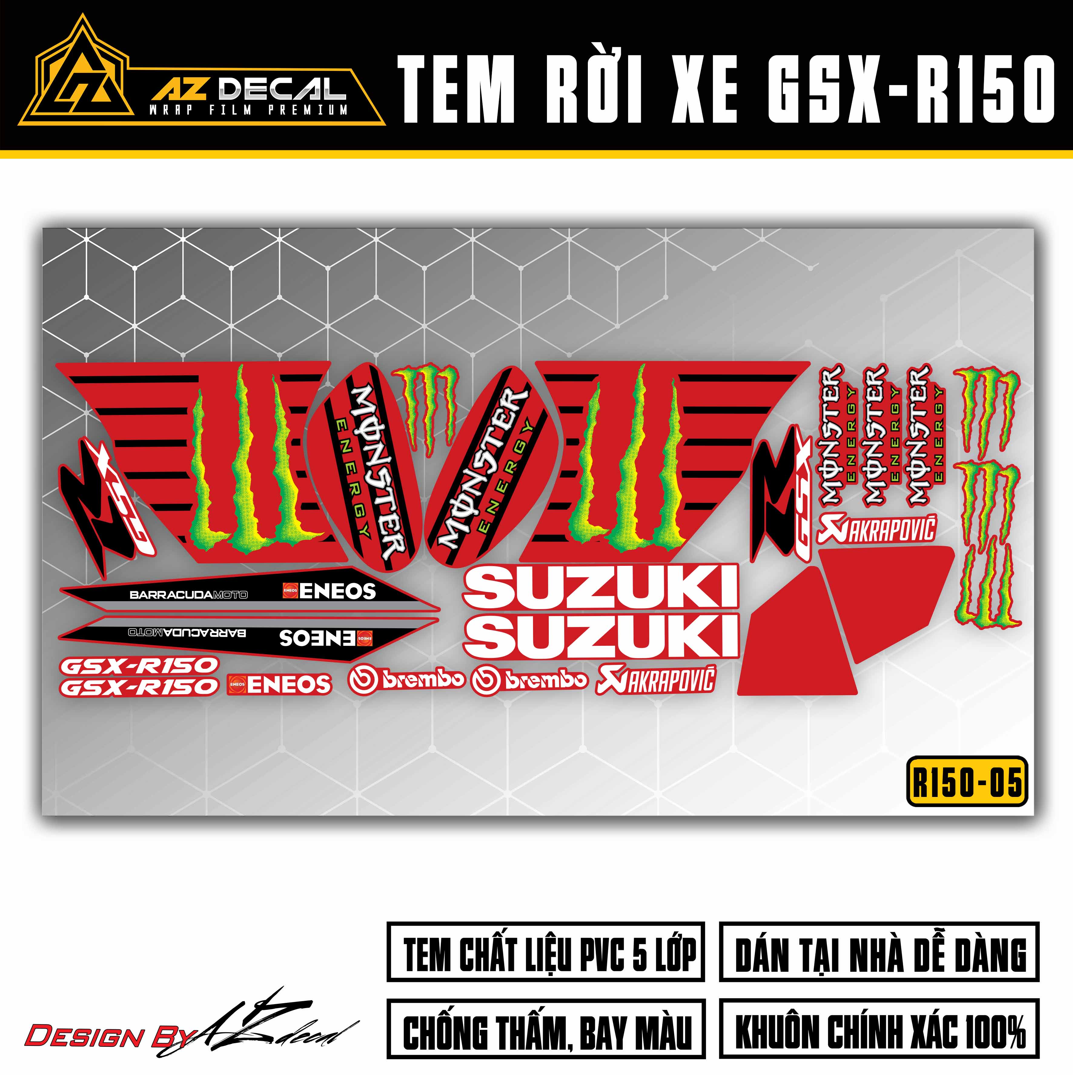 Chi tiết mẫu tem Monster cho xe Suzuki GSX R150 đỏ