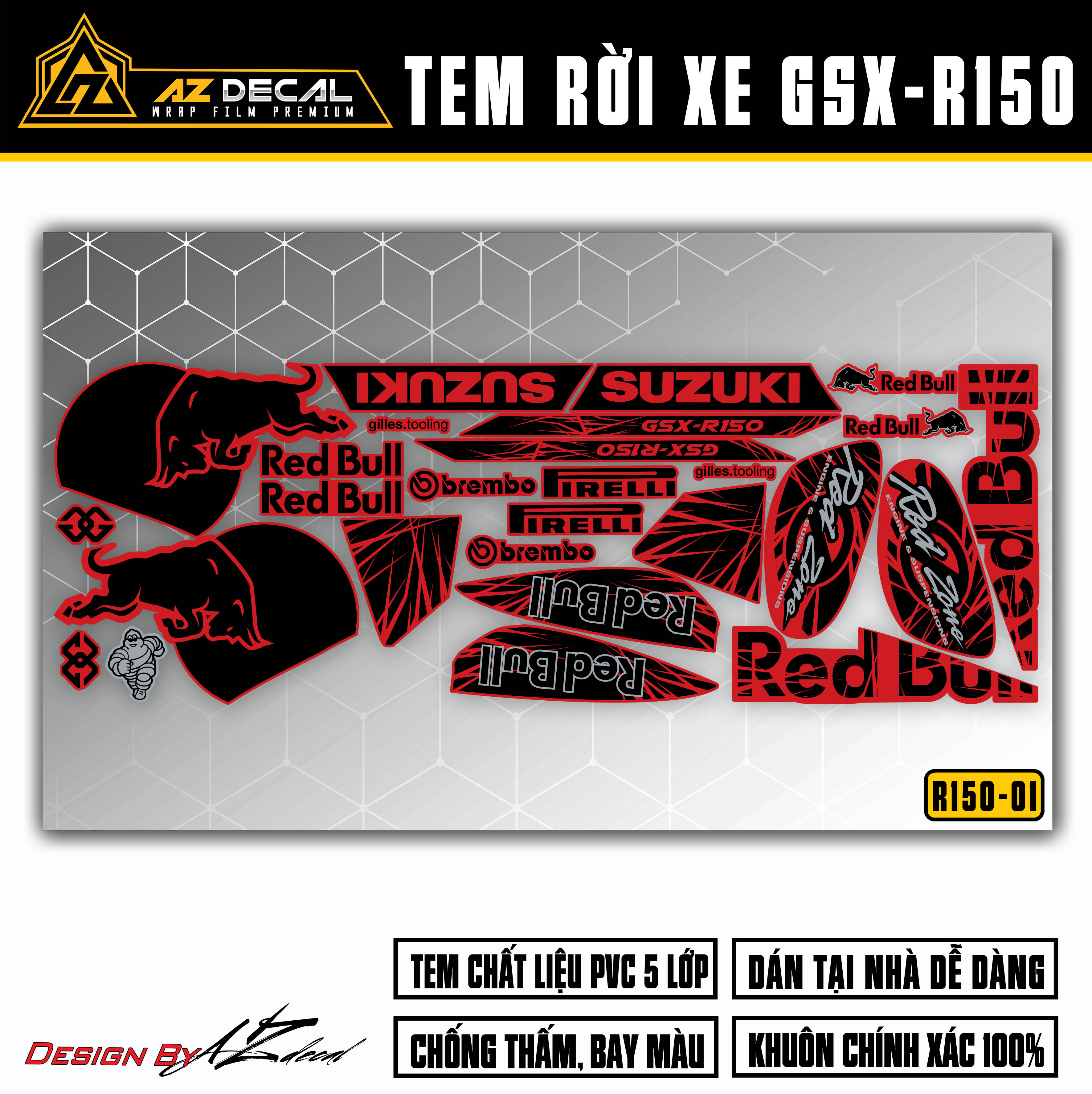 Chi tiết bộ tem xe GSX R150 Red Bull cho xe đỏ
