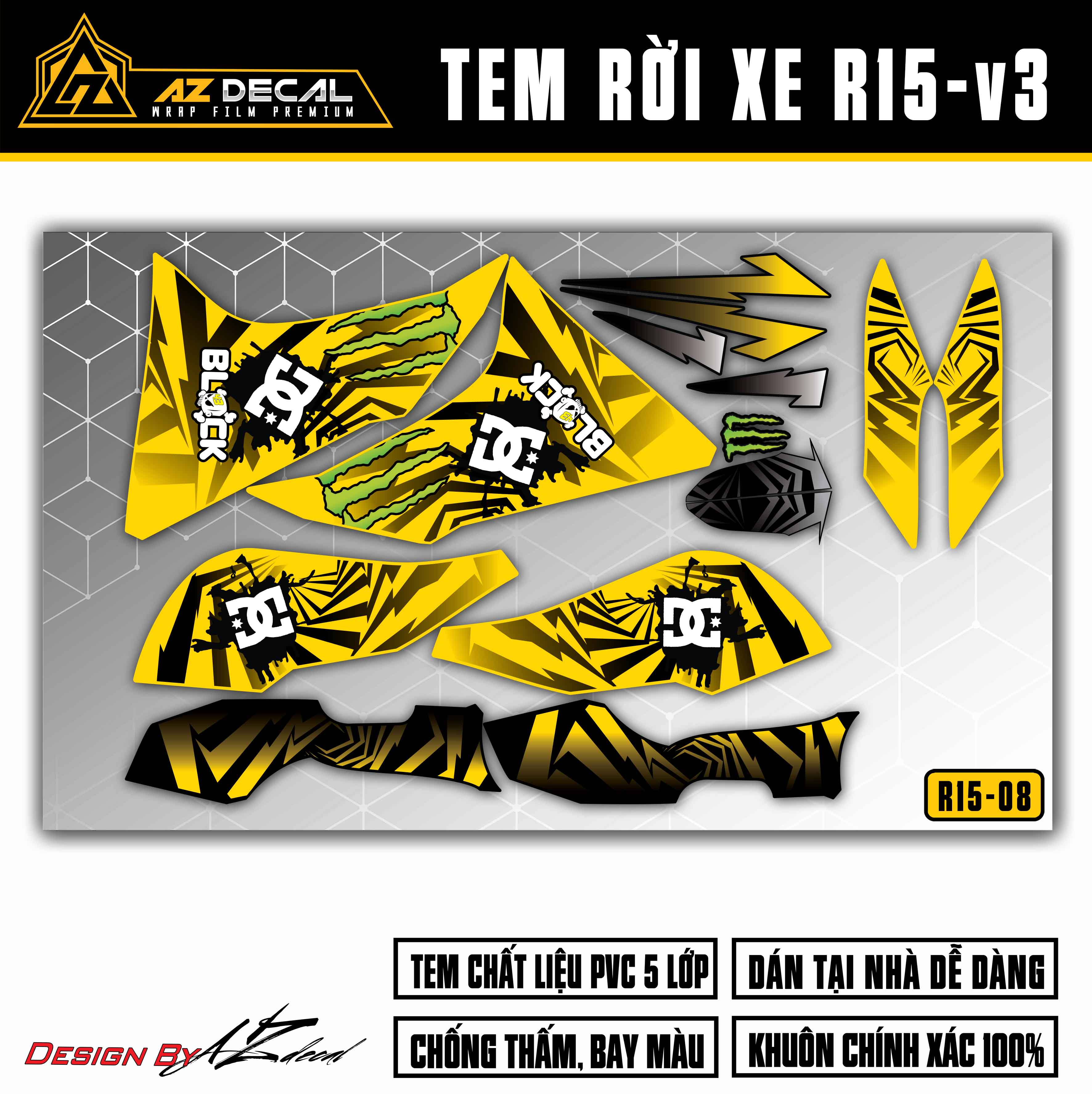 Chi tiết mẫu tem R15 V3 Vàng Đen mẫu Ken Block DC